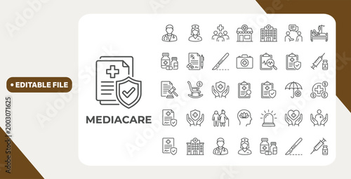 Mediacare icon set. Containing healthcare, insurance, pharmacy, coverage, doctor, nurse, hospital, medical, patients, and more. Outline icons collection. Editable stroke. Vector illustration