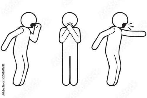 Three stick figures depicting the progression of hearing seeing and speaking