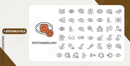 Ophthalmology line editable icon set. Contain icons related to medical eye care, optometry, vision correction, and more. Editable stroke. Vector illustration