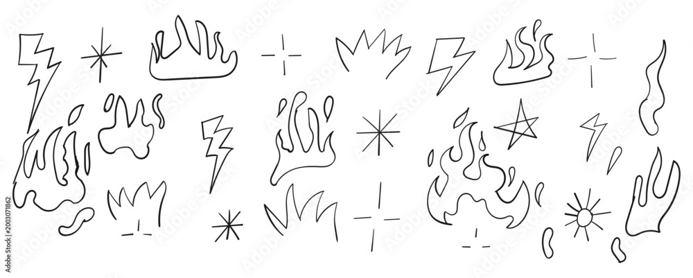 Fototapeta premium Set of handdrawn doodle elements including flames, lightning bolts, stars, and sparkles isolated on white background