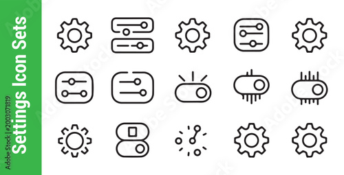 Set of fifteen thin outline settings icons featuring various gear wheels and slider controls for digital interfaces.