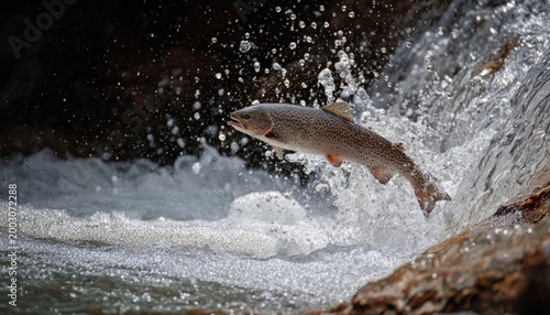 A dynamic shot of a salmon leaping up a waterfall in a forest stream, determination and the cycle of life.