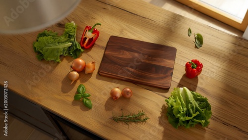 Bild auf Leinwand Fresh vegetables and wooden board on a sunlit kitchen counter with soft shadows