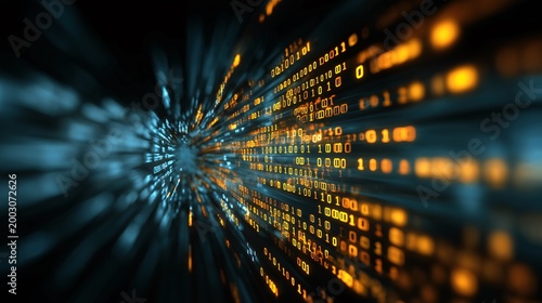Close-up of glowing binary code digital data stream with motion blur effect