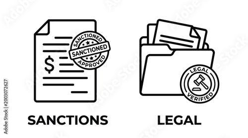 Vector graphic illustration of Sanctions and legal documents icons with seals Vector