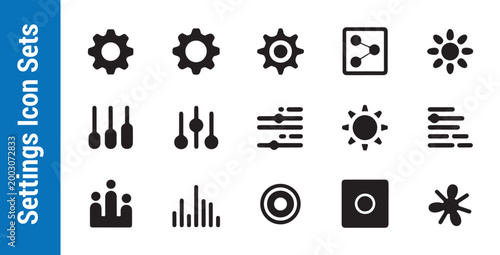 Collection of fifteen solid black settings icons showcasing gear wheels and slider controls for app interface.