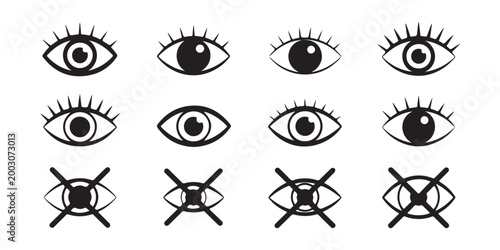 Set of black eye icons on transparent background showing different pupil types and variations of blindfolded eyes.