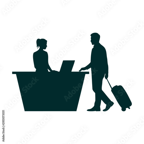 Hotel Reception Desk Silhouette with Guest and Female Concierge