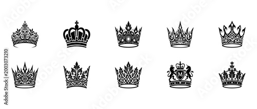 Royal Crown Silhouette Set: 10 Black Ornate Hand-Drawn Illustrations