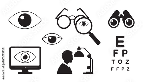 Ophthalmology clinic concepts including vision test chart glasses magnifying glass and eye diagnostic monitor.