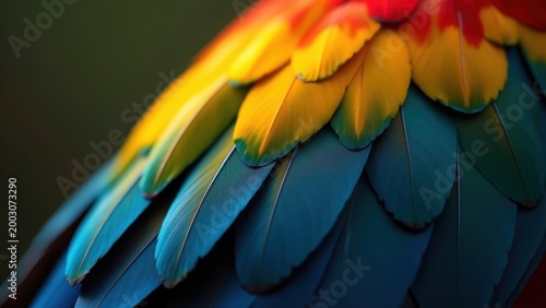 Macro vivid multicolor tropical parrot feathers close-up, glowing bokeh dark background