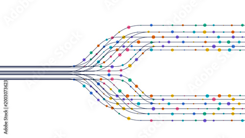 Colorful data stream with curved lines and vibrant particles flowing across light background, representing digital communication, big data transfer, fast connectivity, and modern technology concept.