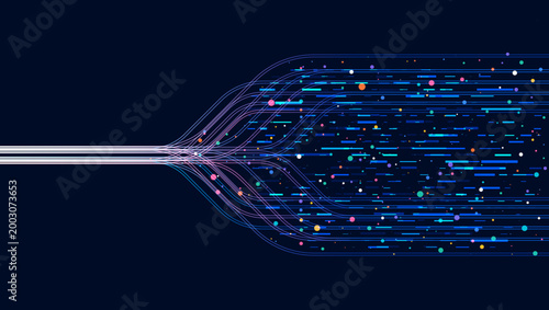 Fotografía Dynamic data flow network with glowing lines and colorful particles on dark background, representing technology, big data, communication speed, and digital connectivity concept