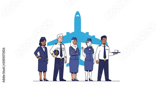 Diverse Airline Crew Poses in Front of Airplane Silhouette.