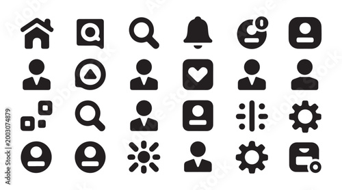 Flat universal icons collection including user profiles, settings, and notifications on checkered background.