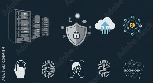 Digital security and technology icons including servers cloud and biometric data.