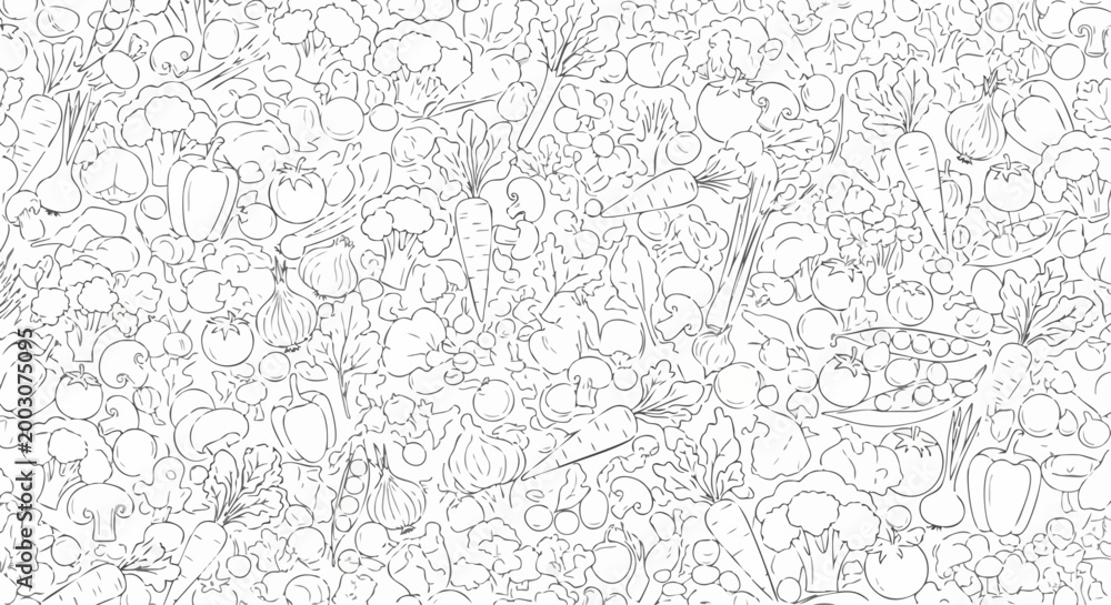 Obraz premium Detailed hand drawn doodle background with various fresh organic vegetables and fruits.