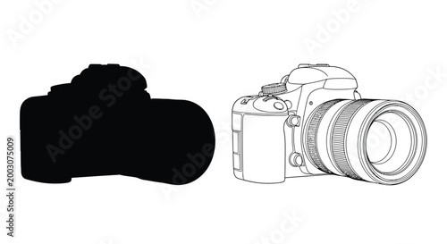 digital slr camera outline and solid silhouette on white
