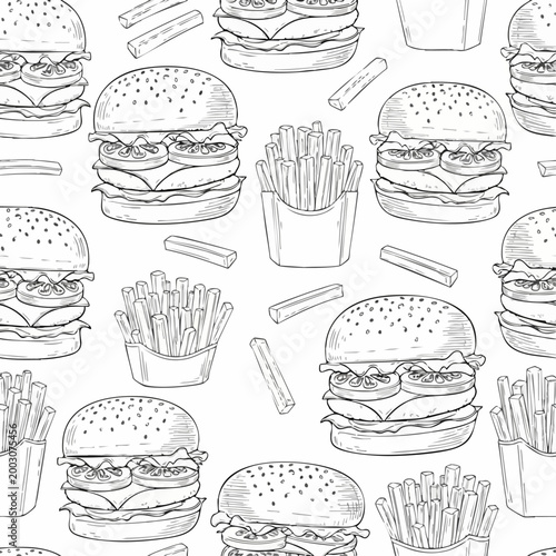 Seamless Hand Drawn Fast Food Pattern with Burgers and Fries.