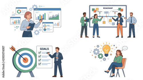 Strategy & Planning Color Vector Set – 4 Business Thinking & Planning Illustrations
