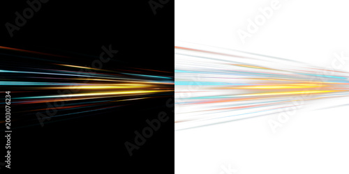 Fényképezés Colorful light rays moving swiftly across isolated on transparent and black back