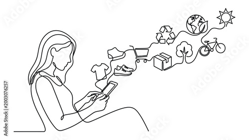 continuous line art of a person shopping online on a device, with product icons flowing into eco-friendly symbols