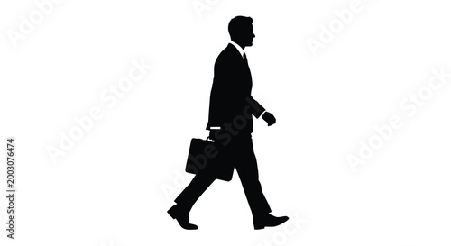 Silhouette of a businessman walking with briefcase on white background