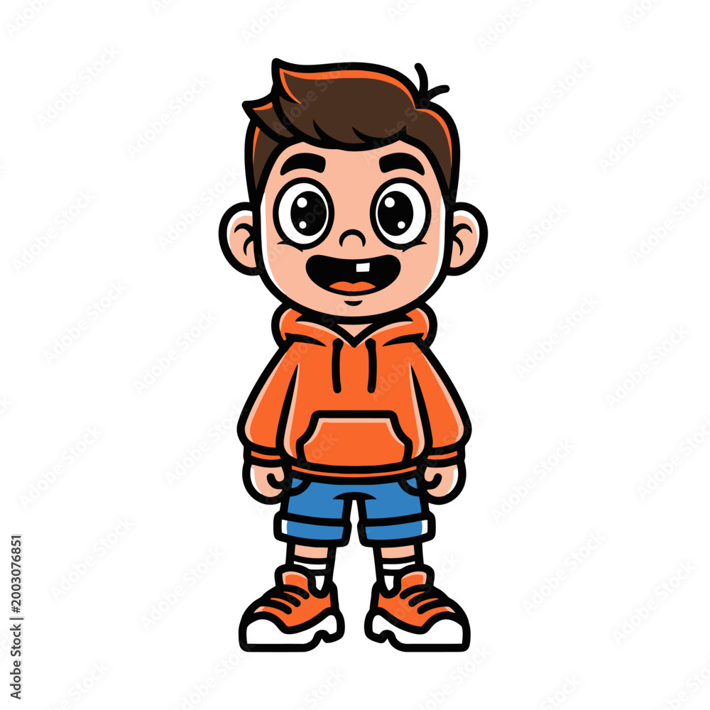 Fototapeta premium Cartoon boy wearing orange hoodie and blue shorts.