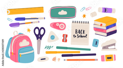 Flat vector set with back to school stationery, backpack, notebook, scissors, ruler, pencil case, pens, books, stapler, school supplies