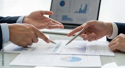 Business corporate strategy professionals collaborating on financial data analysis and contract review for growth