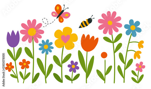 Colorful cartoon spring flower garden with diverse flowers, a purple tulip, yellow heart flower, orange tulip, and both a butterfly and striped bee in flight. Transparent background.