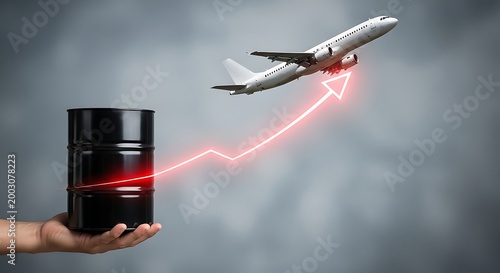Airplane flying above rising graph with oil barrel symbolizing fuel costs increase