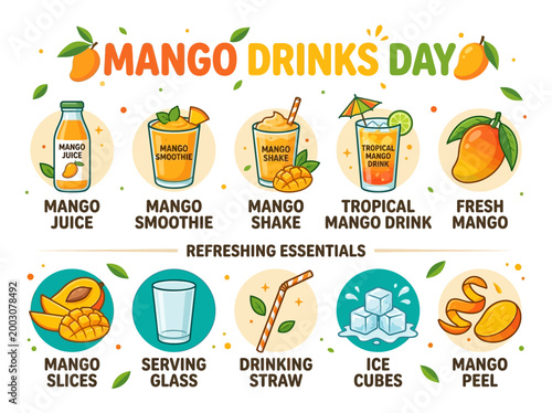 Celebrate Mango Drinks Day with refreshing mango beverages and ingredients like juice, smoothies, slices, and ice cubes