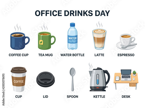 An office drinks day celebration featuring a variety of hot and cold beverages, snacks, and office supplies for a productive workday