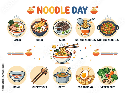 A delicious and vibrant collection of assorted noodle dishes and their accompaniments, celebrating International Noodle Day with culinary artistry