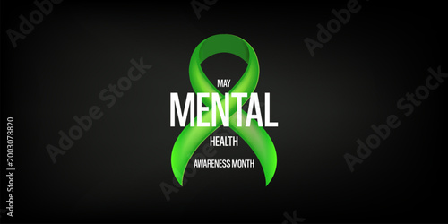 May is Mental Health Awareness Month banner with large green ribbon on black background. Modern Mental Health typography for psychological wellness, support advocacy, and healthcare marketing.