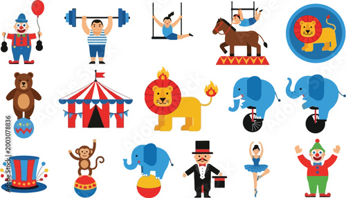 Circus performers and animals set clowns acrobats lions elephants horses and show elements colorful cartoon vector illustration collection