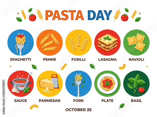 Celebrate Pasta Day with delicious pasta dishes and ingredients - Spaghetti, Penne, Fusilli, Lasagna, Ravioli, Sauce, Parmesan, Fork, Plate, Basil, October 25