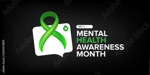 May is Mental Health Awareness Month banner with large green ribbon on black background. Modern Mental Health typography for psychological wellness, support advocacy, and healthcare marketing.