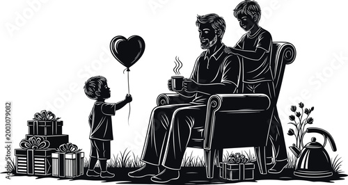 Father's Day silhouette illustration with dad and children celebrating.