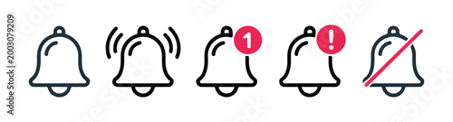 Set of notification bell outline icons with red alert bubbles displaying message counts and silent mode sign.