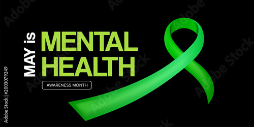 May is Mental Health Awareness Month banner with large green ribbon on black background. Modern Mental Health typography for psychological wellness, support advocacy, and healthcare marketing.