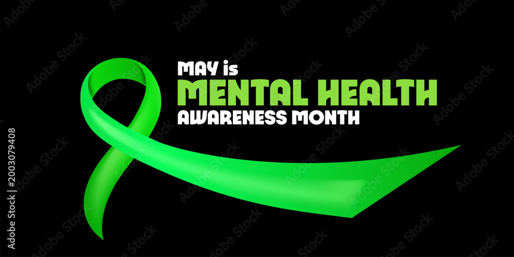 Fototapeta premium May is Mental Health Awareness Month banner with large green ribbon on black background. Modern Mental Health typography for psychological wellness, support advocacy, and healthcare marketing.
