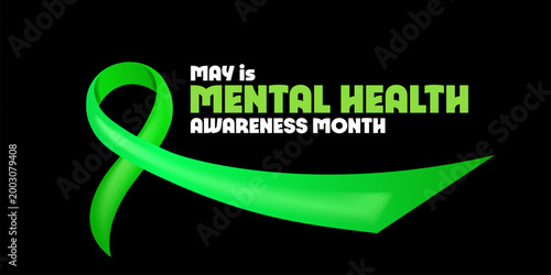 May is Mental Health Awareness Month banner with large green ribbon on black background. Modern Mental Health typography for psychological wellness, support advocacy, and healthcare marketing.