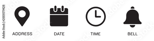 Set of four basic icons including location address calendar date time clock and notification bell symbol set.