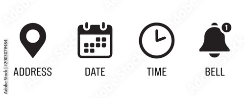 Set of four basic navigation icons containing location address calendar date time clock and notification bell.