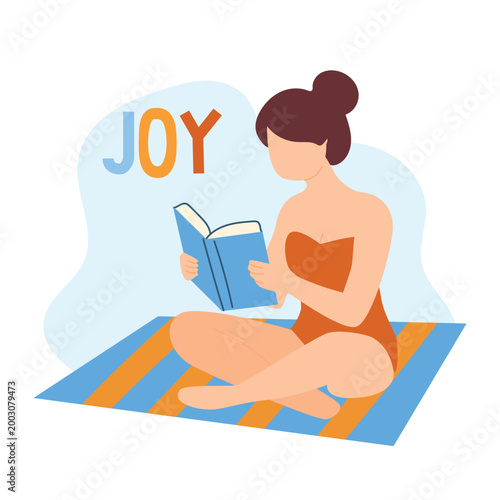 Girl in swimsuit sitting on a beach mat and reading a book with joy text