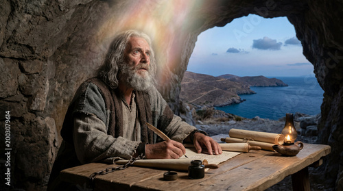 Apostle Paul writing in parchment scroll inspired by the Holy Spirit.