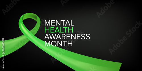 May is Mental Health Awareness Month banner with large green ribbon on black background. Modern Mental Health typography for psychological wellness, support advocacy, and healthcare marketing.