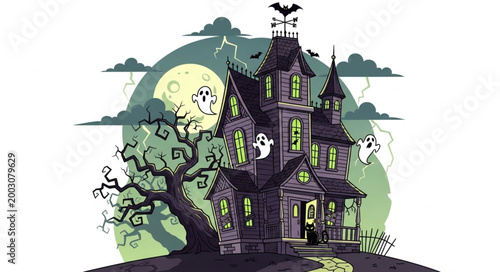 Tableau sur toile Haunted House Illustration with Spooky Atmosphere and Full Moon.